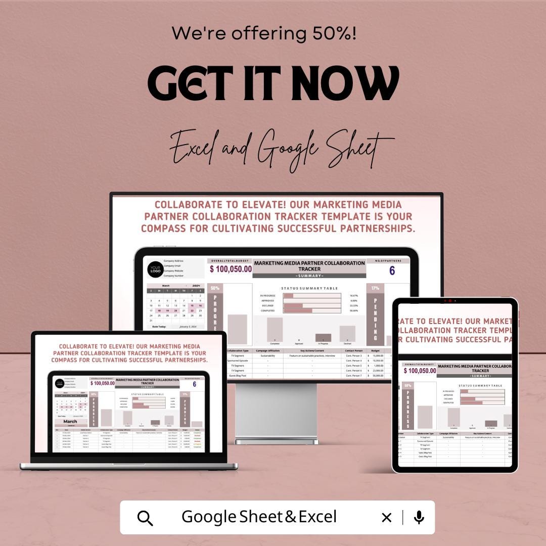 Marketing Media Partner Collaboration Tracker Template | Excel & Google Sheets | Campaign Partnership Manager | Media Tracking Spreadsheet