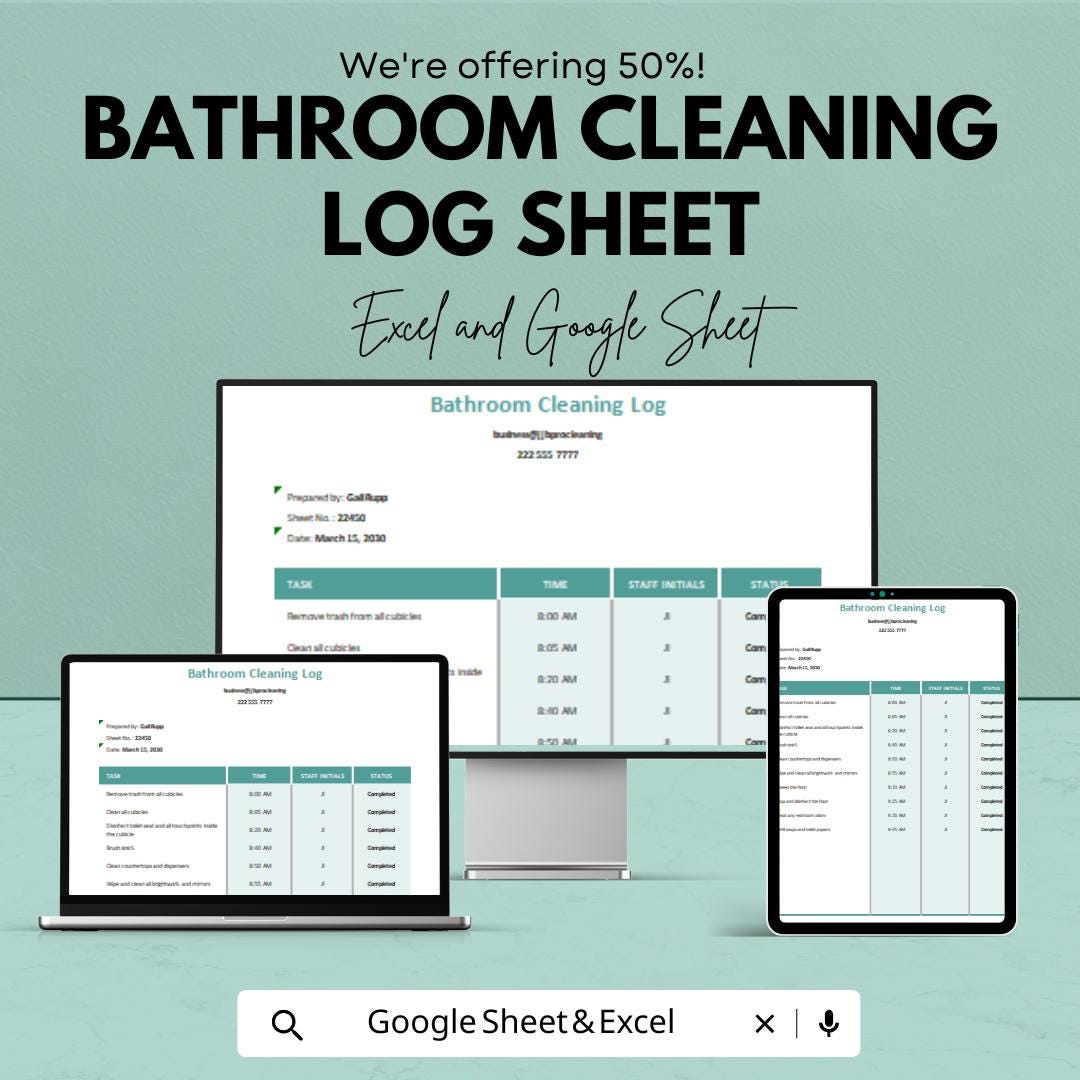 Bathroom Cleaning Log Sheet | Excel & Google Sheets Template | Hygiene Maintenance Tracker