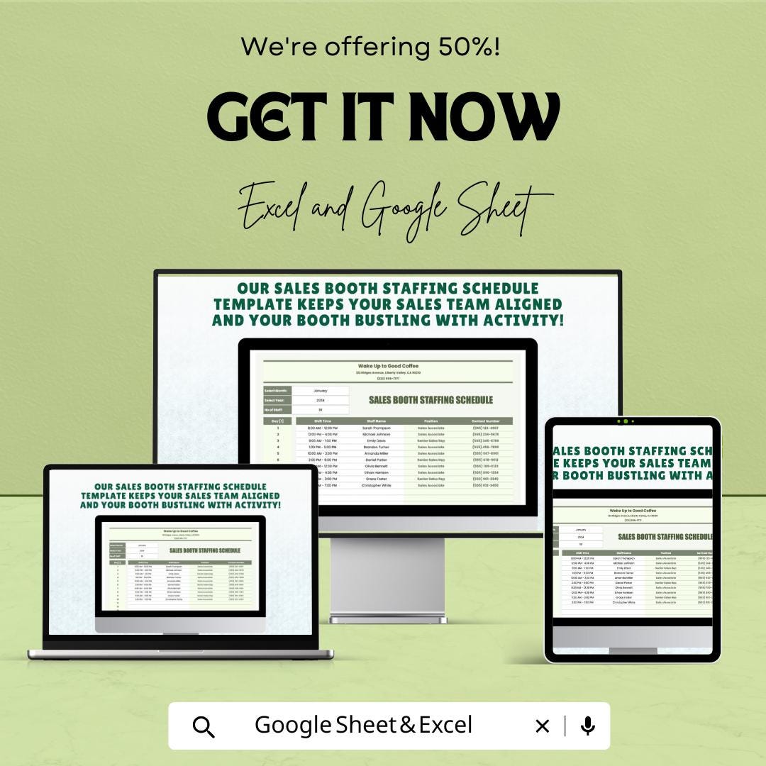 Sales Booth Staffing Schedule Template | Event Staff Planner | Trade Show Staffing Schedule | Excel & Google Sheets