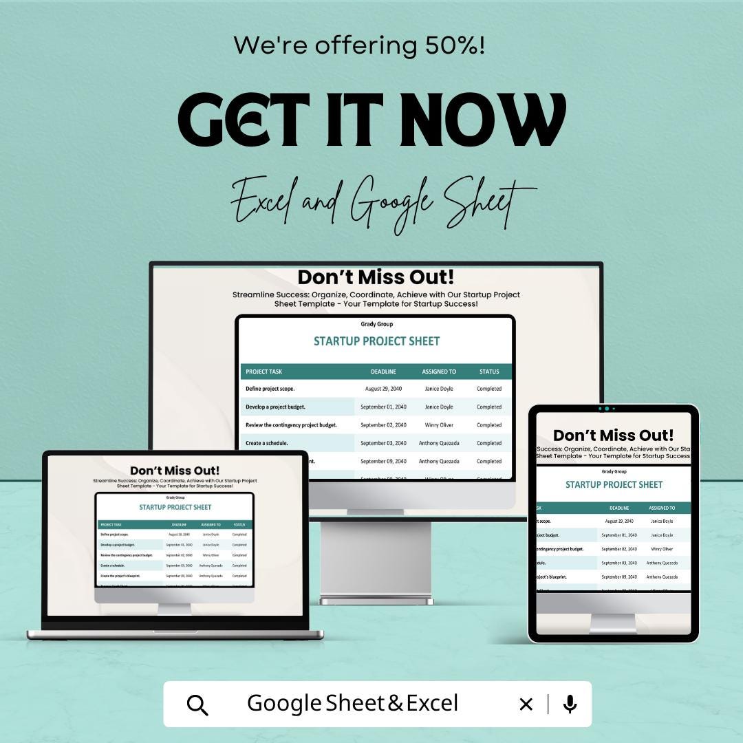 Startup Project Sheet Template | Project Tracking Spreadsheet | Task Management Sheet | Project Management Template | Excel & Google Sheets