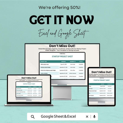 Startup Project Sheet Template | Project Tracking Spreadsheet | Task Management Sheet | Project Management Template | Excel & Google Sheets