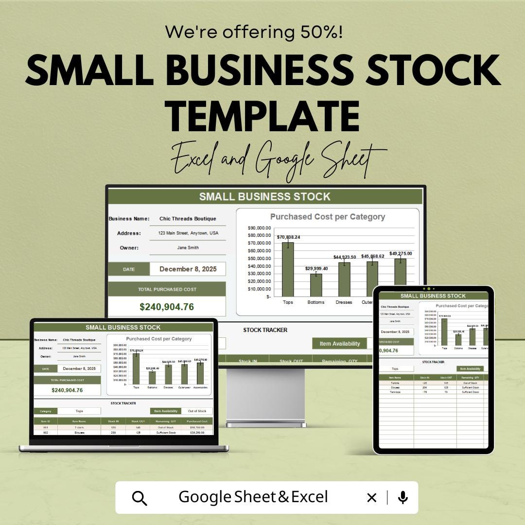 Small Business Stock Template | Inventory Tracker Excel and Google Sheets | Stock Management Spreadsheet | Sales & Inventory Tool