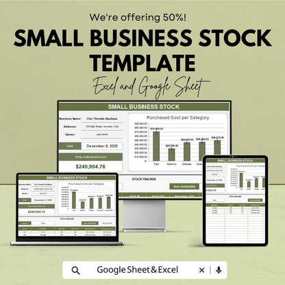 Small Business Stock Template | Inventory Tracker Excel and Google Sheets | Stock Management Spreadsheet | Sales & Inventory Tool