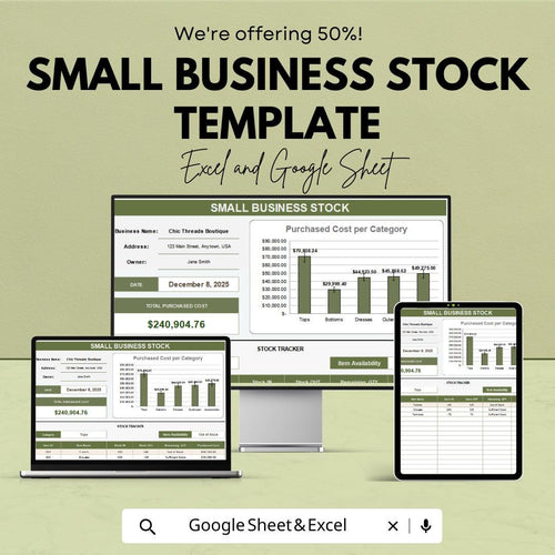 Small Business Stock Template | Inventory Tracker Excel and Google Sheets | Stock Management Spreadsheet | Sales & Inventory Tool