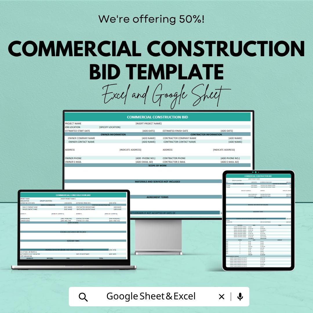 Construction Bid Template | Commercial Estimate Sheet | Contractor Proposal Template | Excel & Google Sheets Bid Form | Project Cost