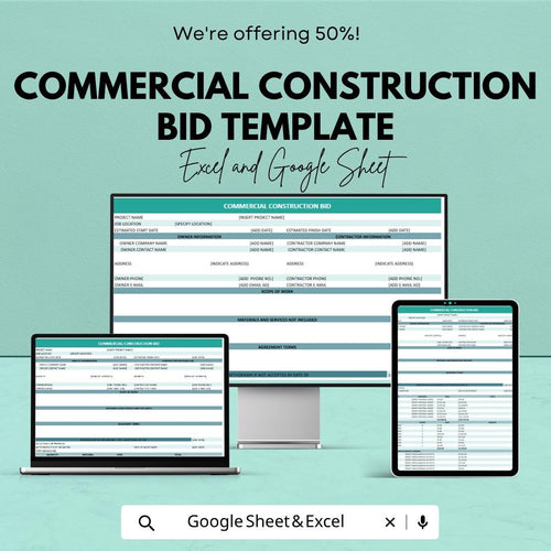 Construction Bid Template | Commercial Estimate Sheet | Contractor Proposal Template | Excel & Google Sheets Bid Form | Project Cost
