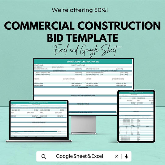 Construction Bid Template | Commercial Estimate Sheet | Contractor Proposal Template | Excel & Google Sheets Bid Form | Project Cost