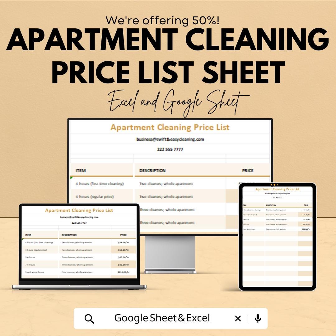 Apartment Cleaning Price List Sheet | Editable Google Sheets & Excel Template | Service Rate Chart, Cleaning Quote List for Businesses