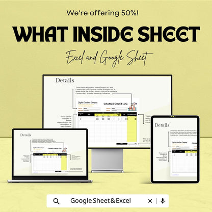 Change Order Log Template | Construction Change Order Tracker | Contractor Project Log | Excel & Google Sheets Template | Project Management
