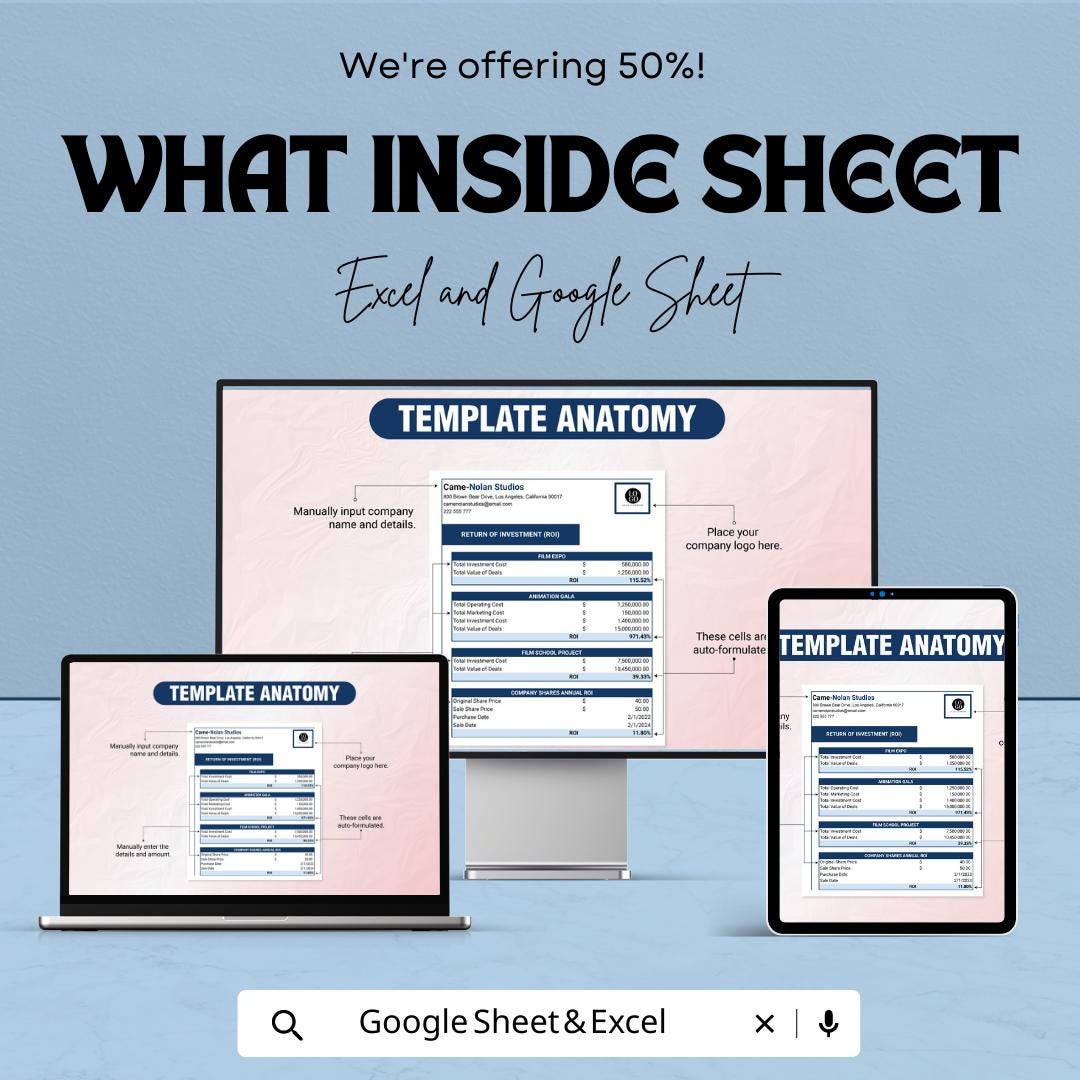 Business Case ROI Template, ROI Calculator Excel, Return on Investment Spreadsheet, Financial Analysis Tool, Google Sheets ROI Template