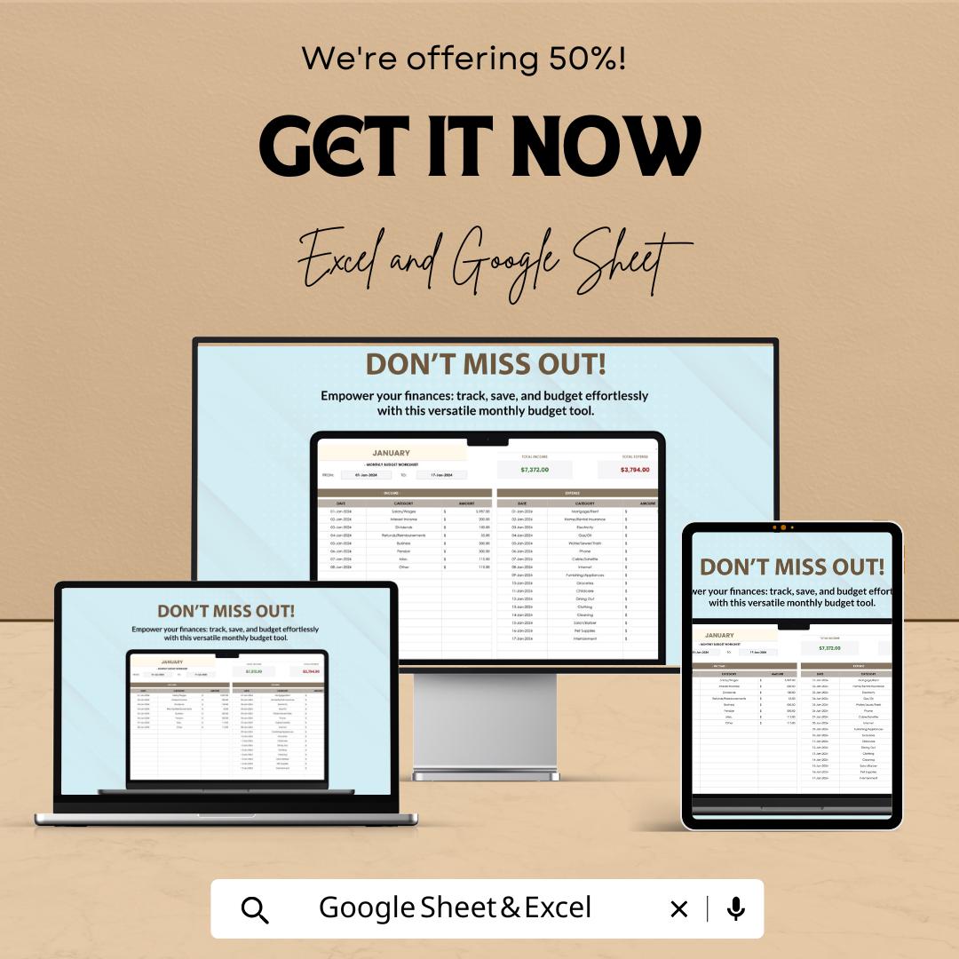 Monthly Budget Worksheet Template | Monthly Budget Worksheet | Excel and Google Sheets Budget Planner | Personal & Business Budget Tool