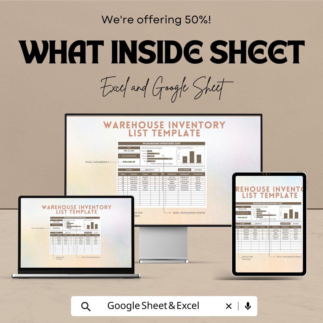 Warehouse Inventory List Sheet | Excel and Google Sheets | Track Stock In/Out | Barcode & Category Based | Inventory Management Template