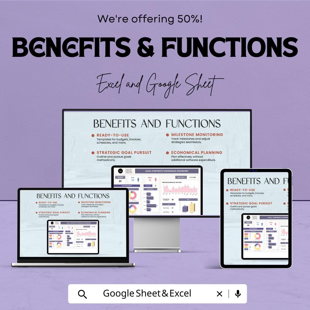 Legal Corporate Governance Dashboard | Excel and Google Sheet | Business Risk Management & Performance Tracking | ERG and Meeting Records