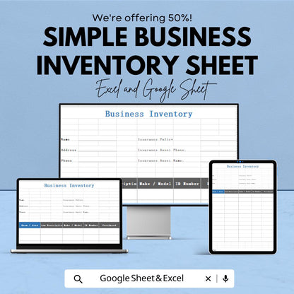 Simple Business Inventory Sheet - Excel & Google Sheets Template for Organizing Inventory and Asset Tracking