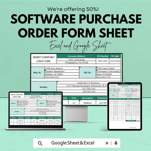 Software Purchase Order Form Sheet for Excel & Google Sheets | Efficient Order Management Template | Track Software Purchases with Ease