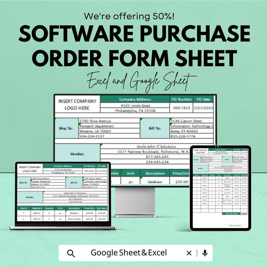 Software Purchase Order Form Sheet for Excel & Google Sheets | Efficient Order Management Template | Track Software Purchases with Ease
