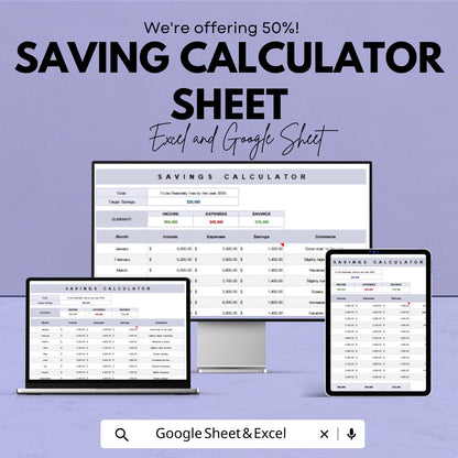Saving Calculator Sheet | Excel & Google Sheets | Budget and Savings Tracker | Financial Planning Template