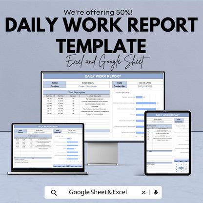 Daily Work Report Template | Excel and Google Sheets | Employee Task Log | Work Activity Report | Productivity Tracker Sheet