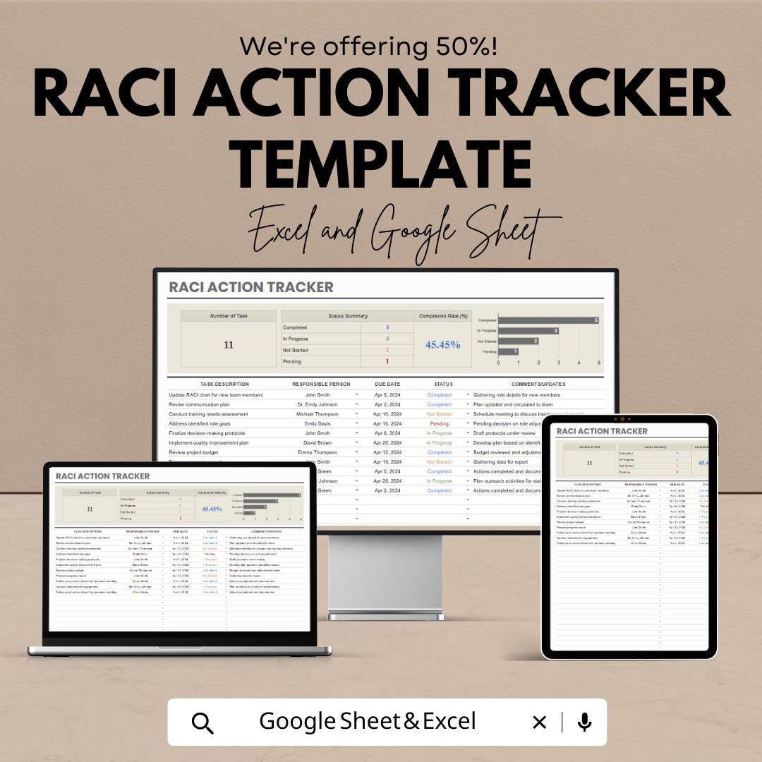 RACI Action Tracker Template | Project Accountability Tracker | Excel & Google Sheets