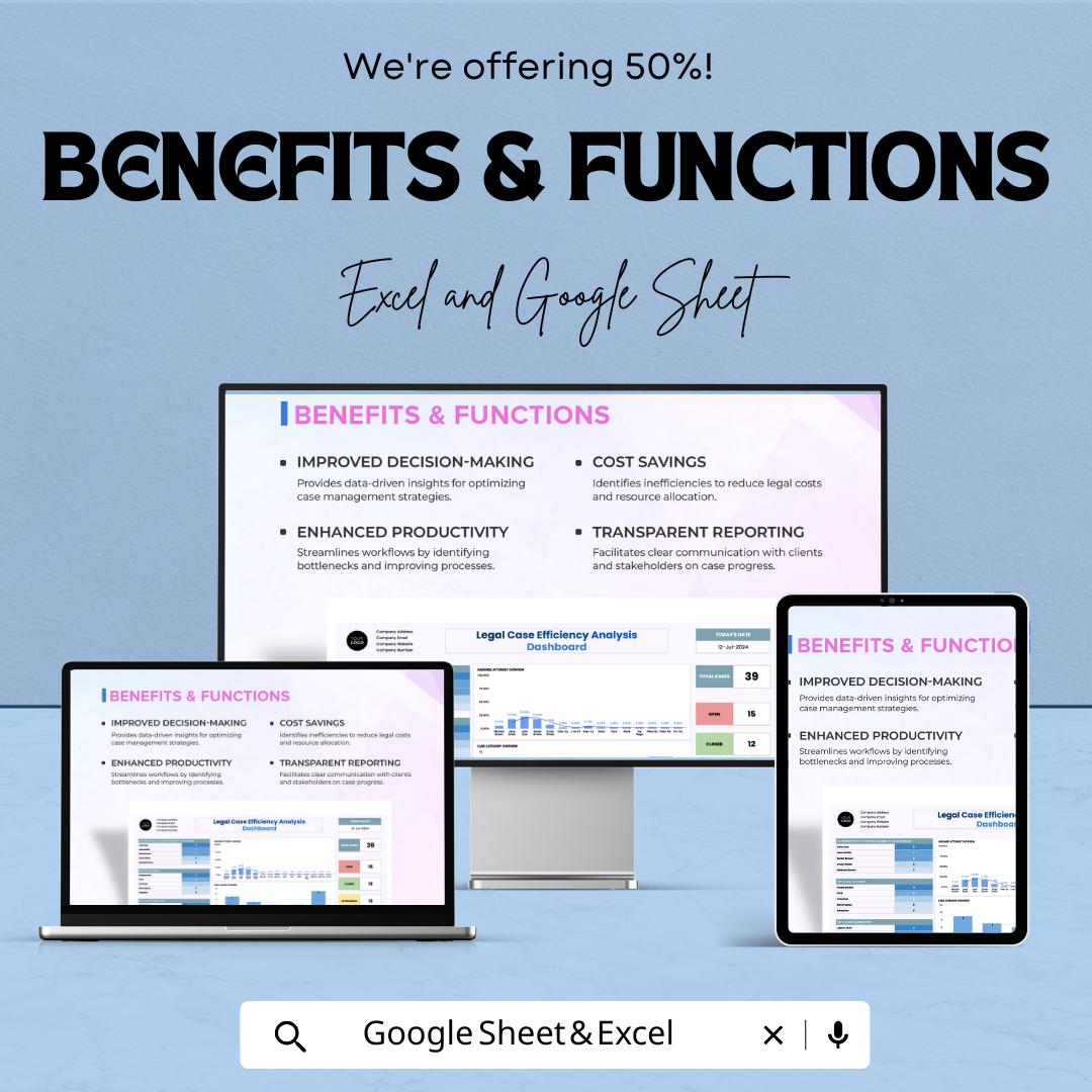 Legal Case Efficiency Analysis Dashboard - Google Sheet for Legal Case Tracking & Performance Metrics - Streamline Legal Operations