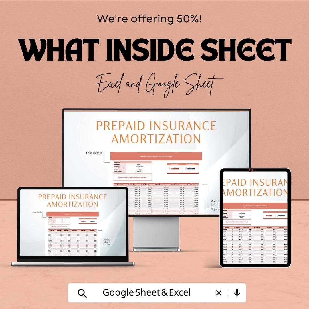 Prepaid Insurance Amortization Schedule Template | Expense Amortization Spreadsheet | Accounting Template | Prepaid Expense Tracker