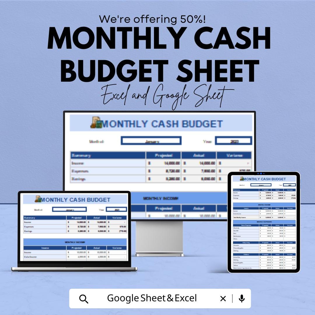 Monthly Cash Budget Sheet Excel & Google Sheets | Personal Finance Tracker and Strategic Cash Flow Template