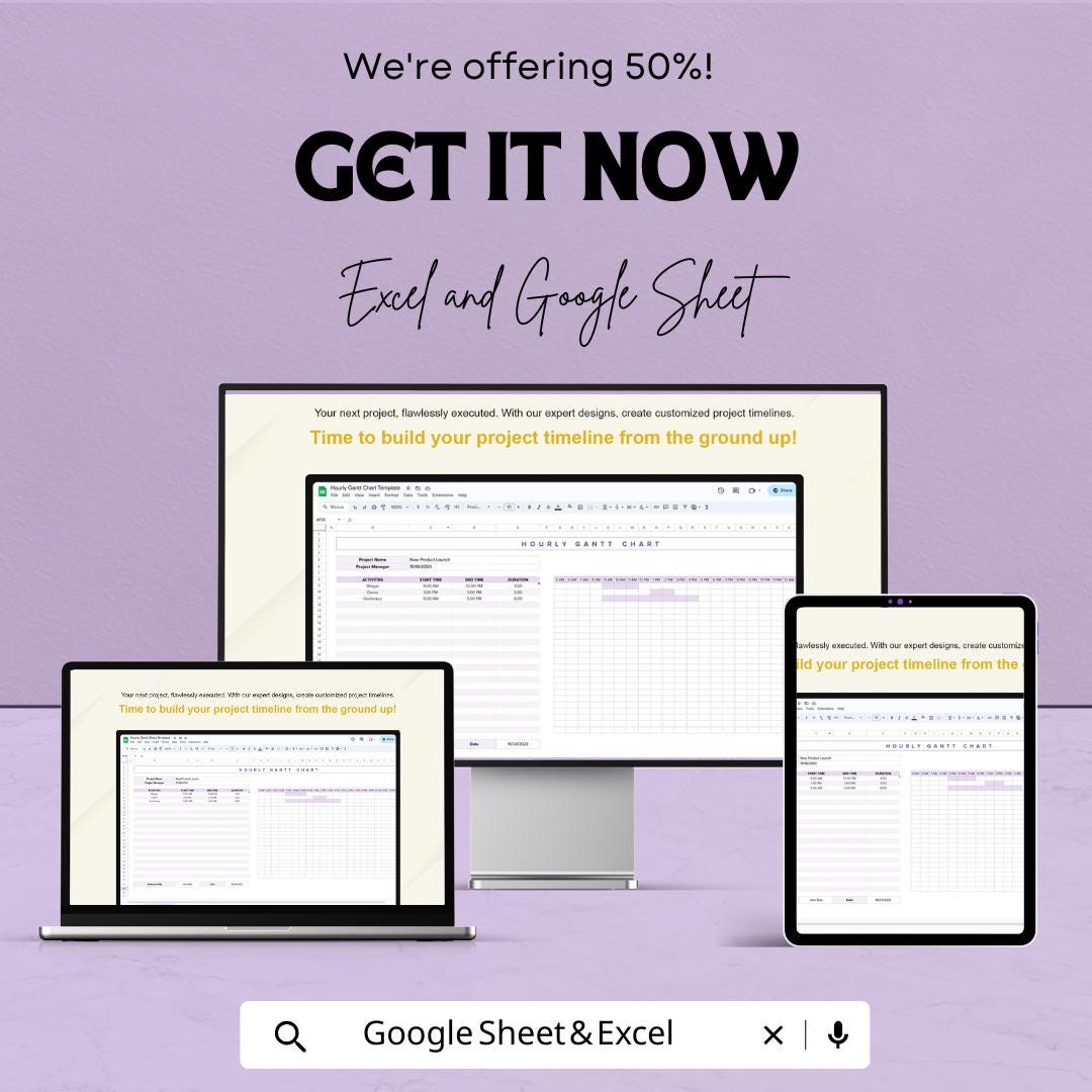 Hourly Gantt Chart Template - Excel & Google Sheets - Project Planning Schedule - Customizable Project Timeline - Time Management Tool