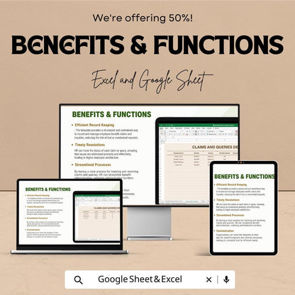 Benefits Claims & Queries Log | HR Tracker Template | Excel and Google Sheets | Employee Benefits Log | HR Record Sheet