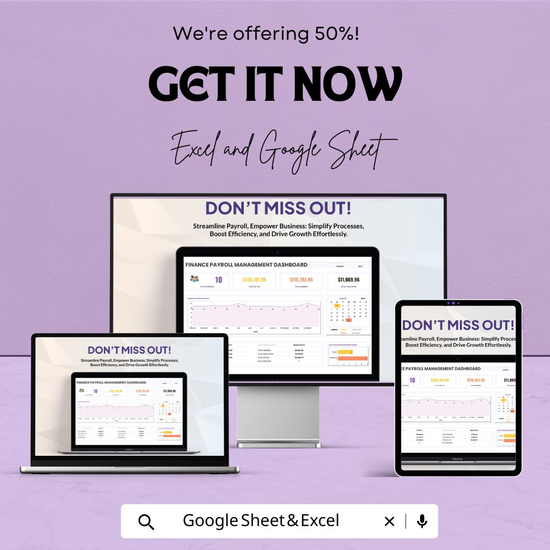 Finance Payroll Management Dashboard Template | Payroll Tracker | Employee Salary & Deduction Log | Business HR Spreadsheet