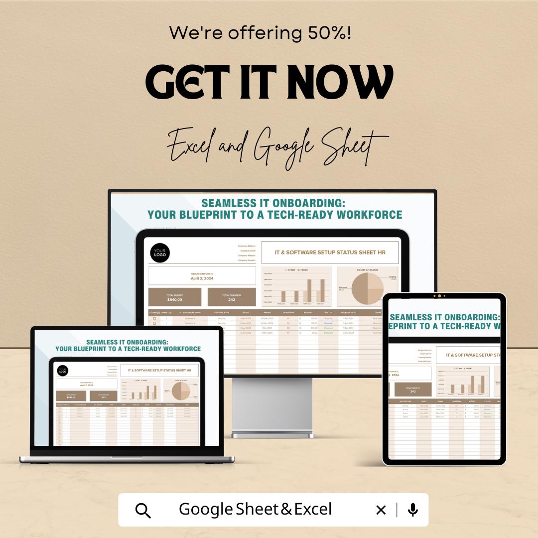 IT & Software Setup Status Sheet Hr Template | Employee IT Onboarding Tracker | Excel and Google Sheets IT Management Tool