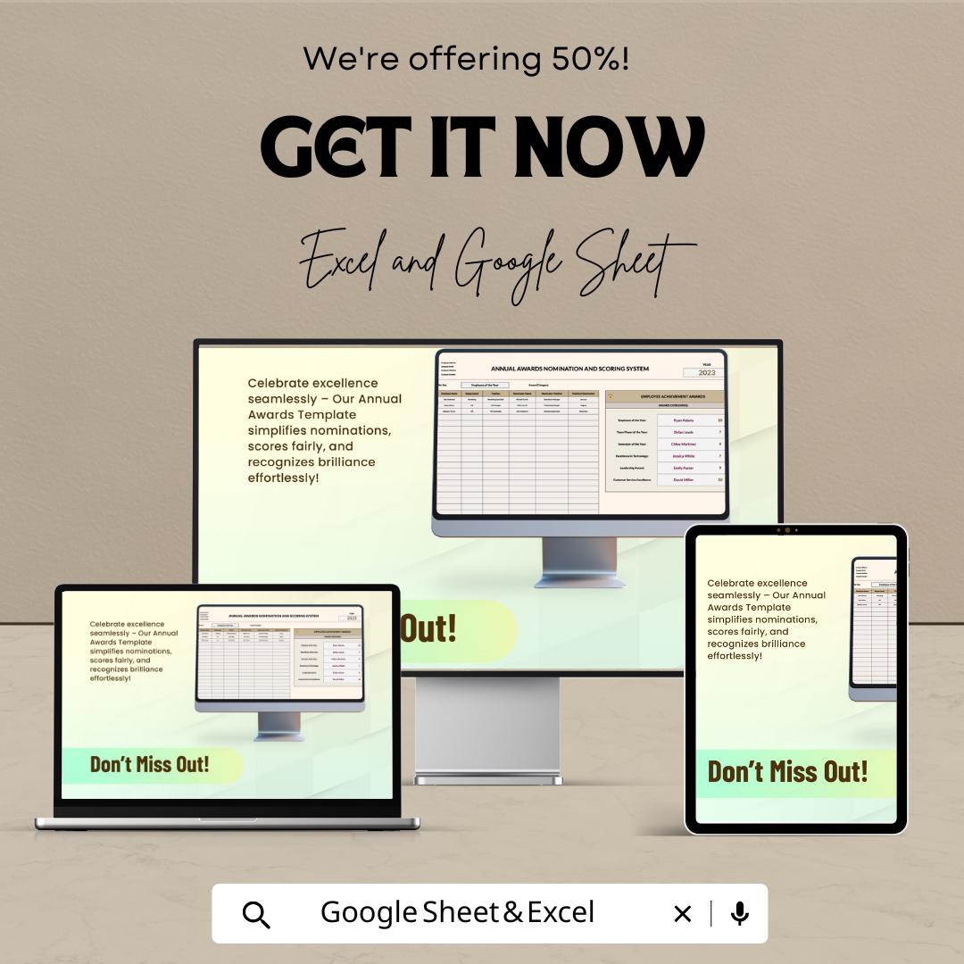 Annual Awards Nomination and Scoring System HR Template | Employee Recognition Program | Excel and Google Sheets Award Tracker