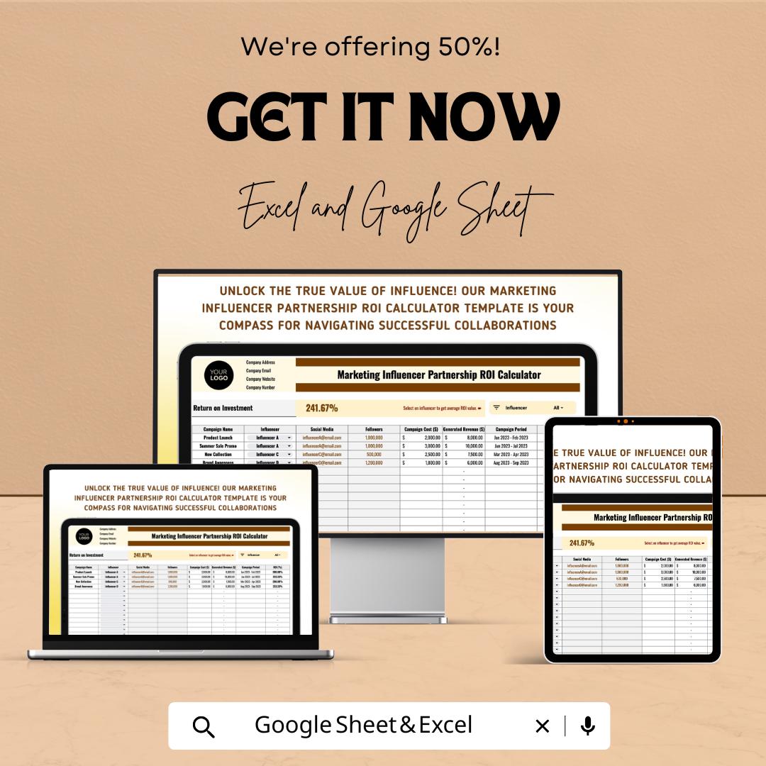 Influencer Partnership ROI Calculator Template | Marketing ROI Spreadsheet | Influencer Campaign Tracker | ROI & Performance Metrics Tool