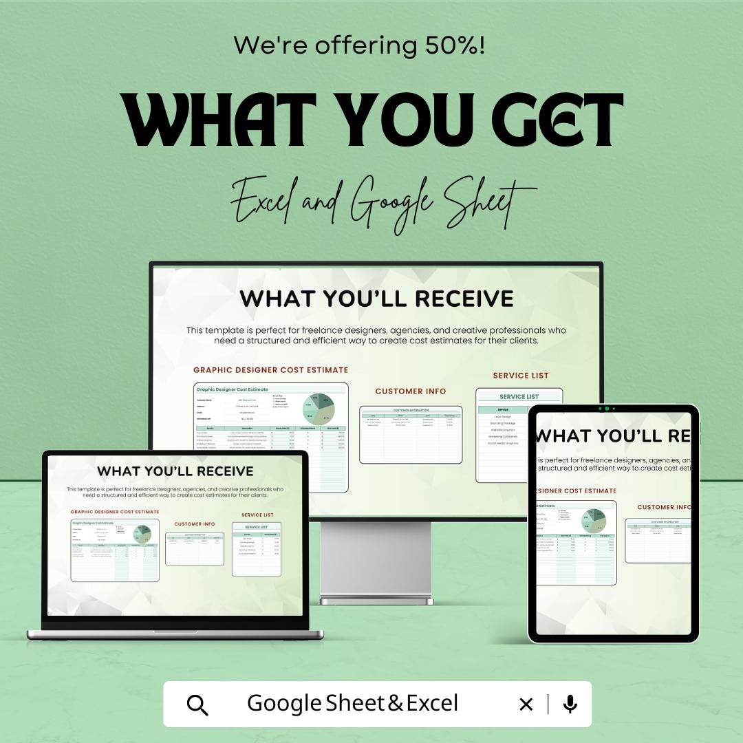 Graphic Designer Cost Estimate Sheet | Excel and Google Sheets | Freelance and Agency Template | Budgeting & Pricing Tool |