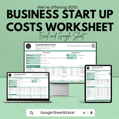 Business Start Up Costs Worksheet | Budget and Expense Tracker for New Businesses | Excel & Google Sheets Template