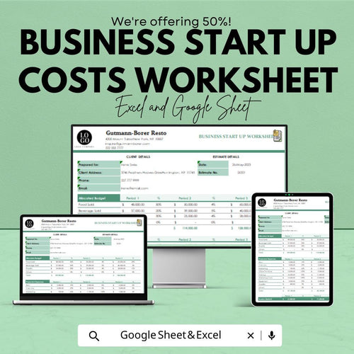 Business Start Up Costs Worksheet | Budget and Expense Tracker for New Businesses | Excel & Google Sheets Template