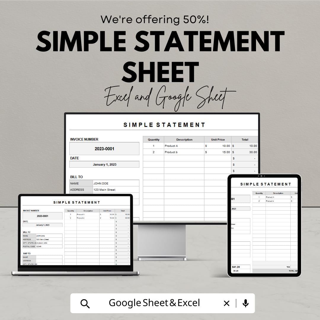 Simple Statement Sheet | Excel and Google Sheets Template | Printable Statement Form | Business Finance & Invoice Tracker |