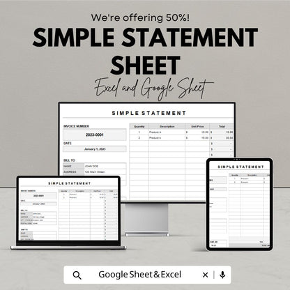 Simple Statement Sheet | Excel and Google Sheets Template | Printable Statement Form | Business Finance & Invoice Tracker |