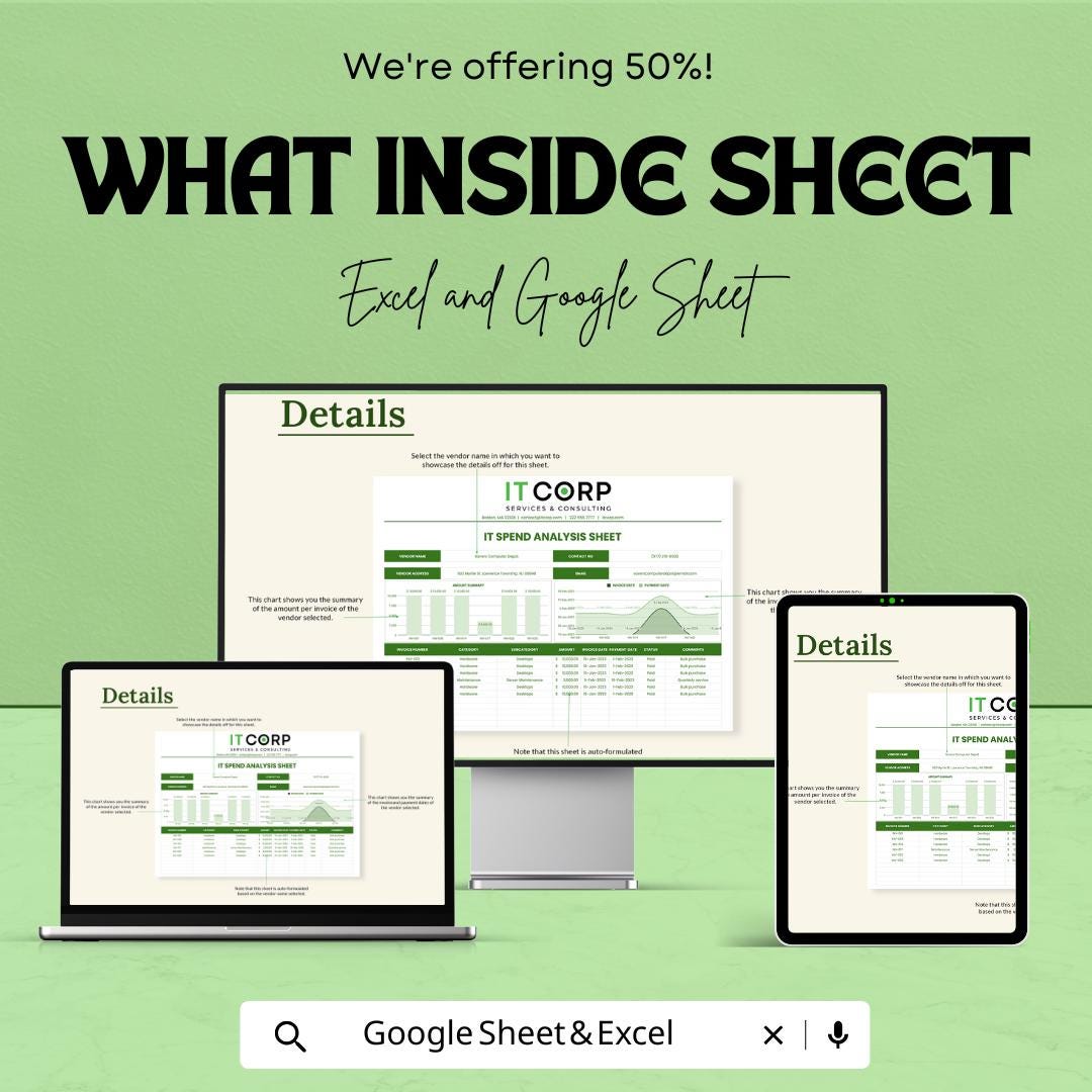 IT Spend Analysis Sheet Template | Excel and Google Sheets | IT Budget & Expense Tracking Dashboard