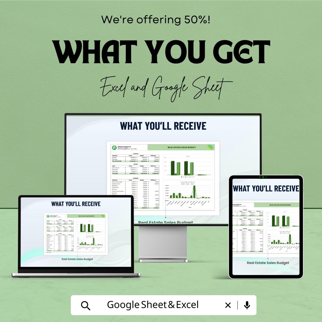 Real Estate Sales Budget Template, Property Budget Spreadsheet, Realtor Income Tracker, Commission Calculator, Excel & Google Sheets