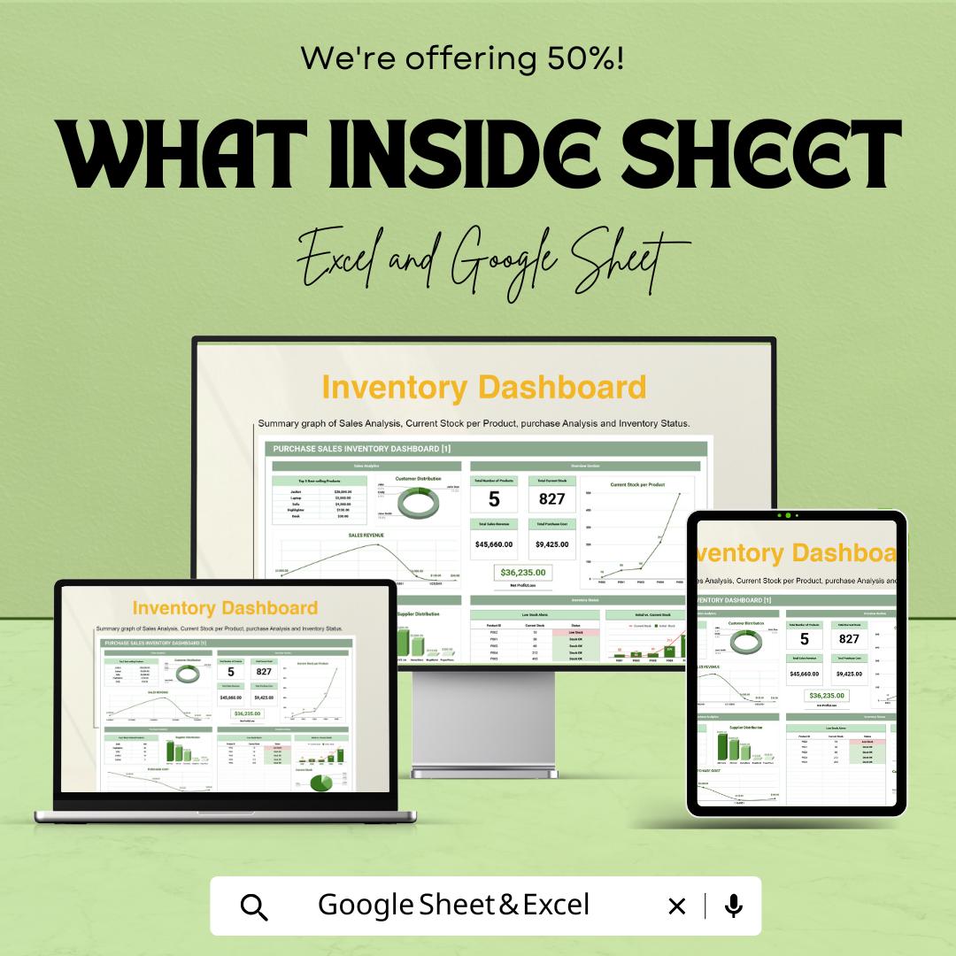 Purchase Sales Inventory Sheet | Excel & Google Sheets | Sales, Purchases, Inventory Tracking Dashboard | Business Management Template