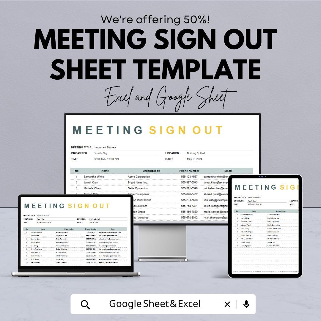 Meeting Sign Out Sheet Template | Attendance Sign Out Log | Printable Meeting Register | Excel and Google Sheets Editable