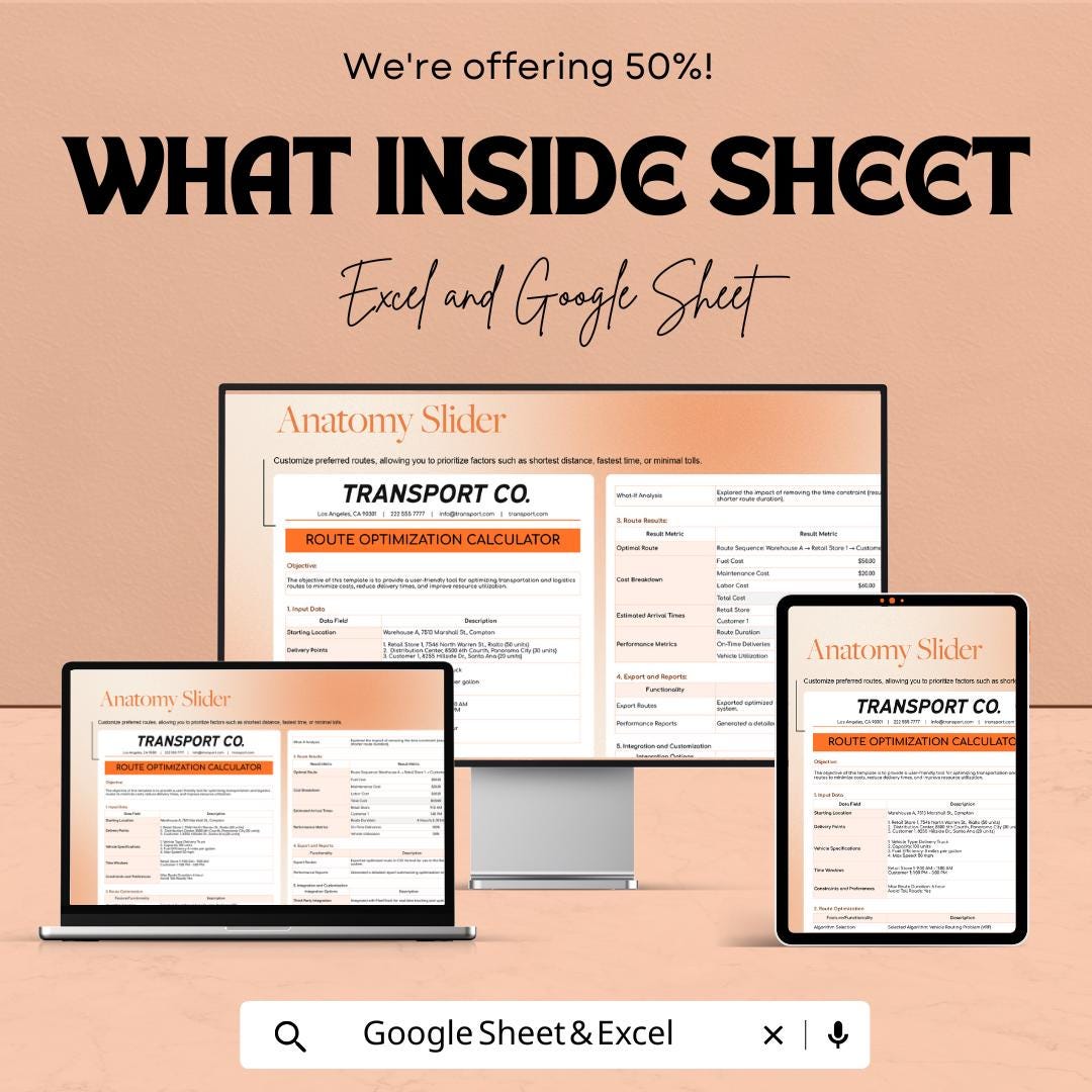 Transport and Logistics Route Optimization Calculator Template | Delivery Route Planner | Fleet Management Spreadsheet | Cost Analysis Tool