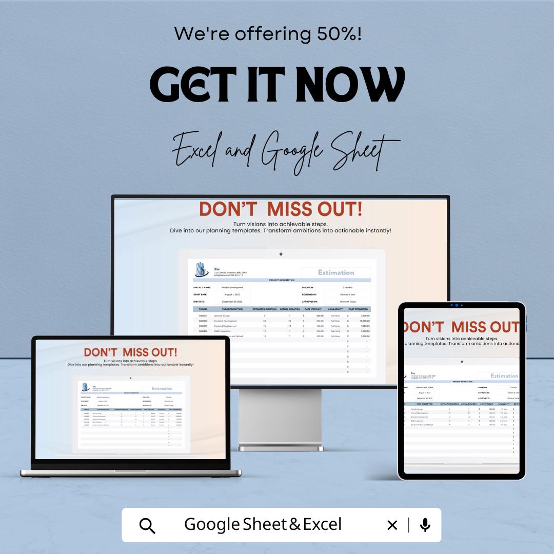Estimation Template | Project Cost Estimator | Excel & Google Sheets Budget Planner | Work Estimate Sheet for Businesses
