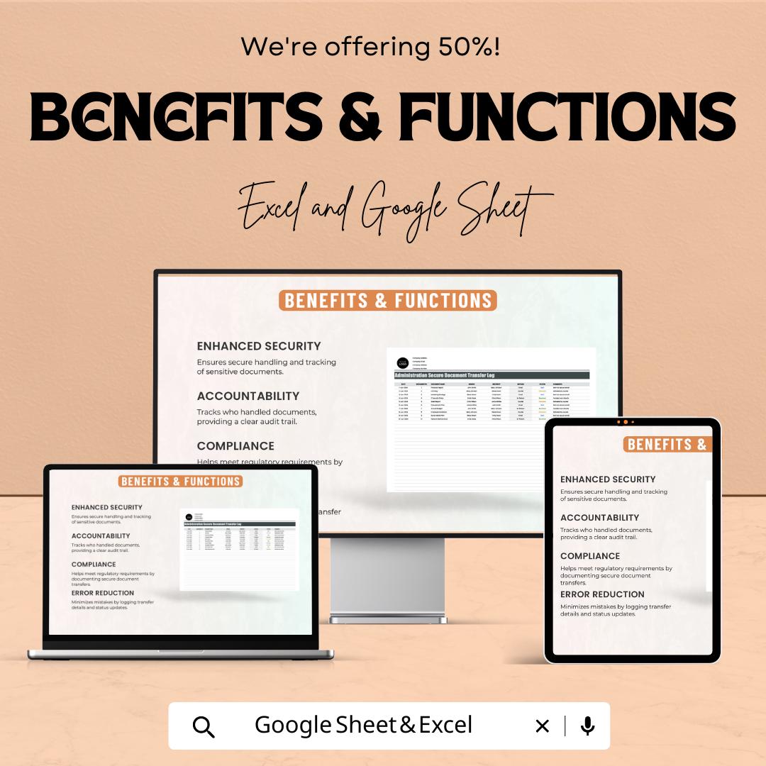 Secure Document Transfer Log, Admin Document Tracker, Document Control Log, Office File Transfer Sheet, Excel & Google Sheets