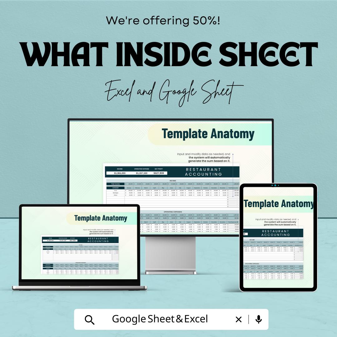 Restaurant Accounting Template | Restaurant Finance Tracker | Income Expense Template | Restaurant Profit and Loss Sheet