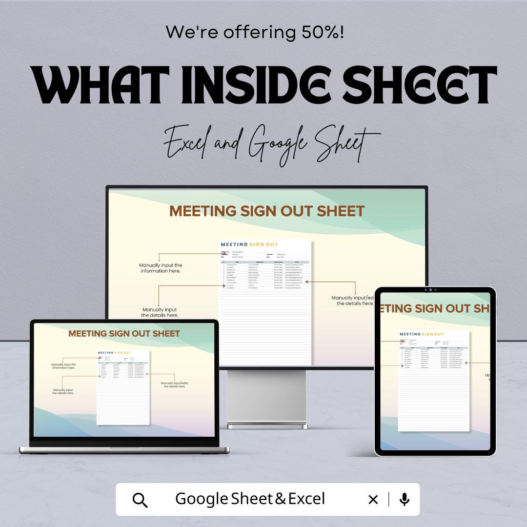 Meeting Sign Out Sheet Template | Attendance Sign Out Log | Printable Meeting Register | Excel and Google Sheets Editable