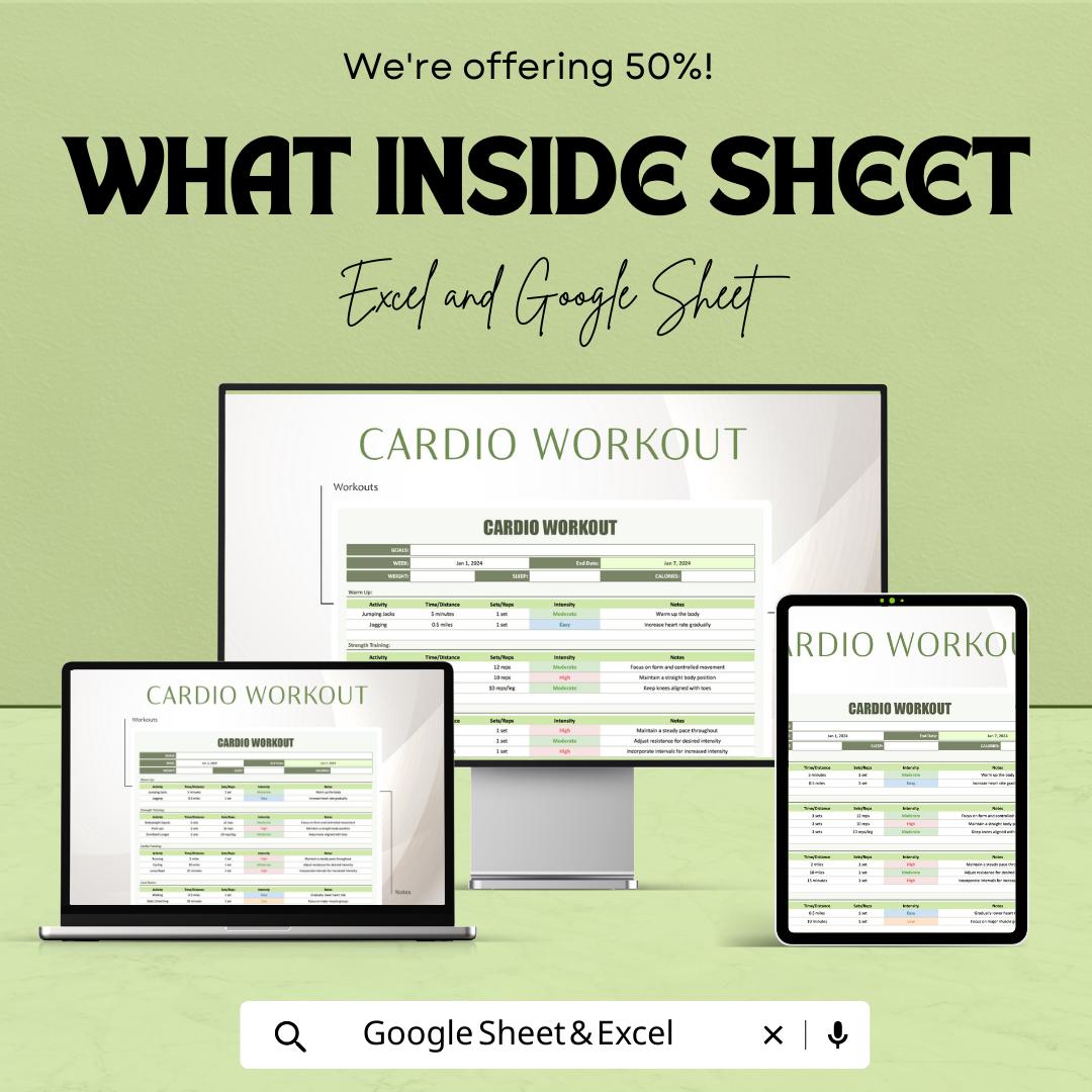 Cardio Workout Template Excel & Google Sheets | Workout Planner Spreadsheet | Fitness Tracker | Cardio Training Log | Exercise Planner