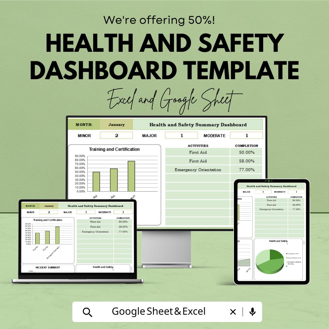 Health and Safety Dashboard Template | Workplace Safety Tracker | Incident & Compliance Dashboard Excel and Google Sheets
