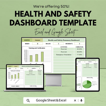 Health and Safety Dashboard Template | Workplace Safety Tracker | Incident & Compliance Dashboard Excel and Google Sheets