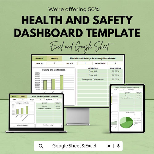 Health and Safety Dashboard Template | Workplace Safety Tracker | Incident & Compliance Dashboard Excel and Google Sheets
